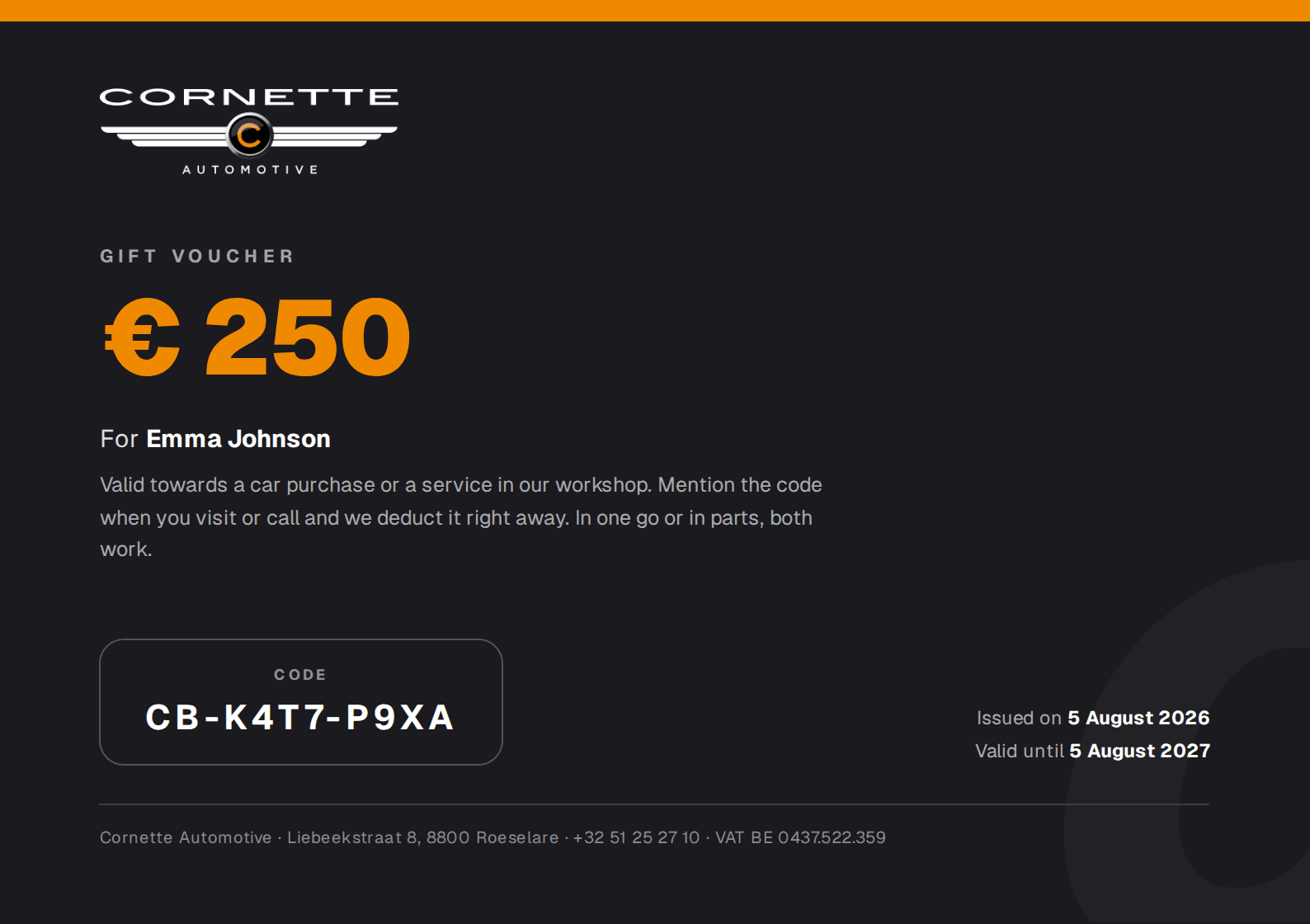 Example of a Cornette gift voucher