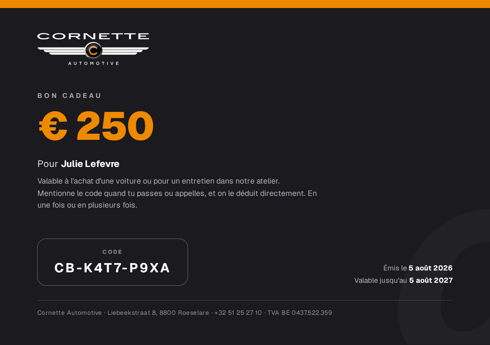 Exemple d'un bon cadeau Cornette