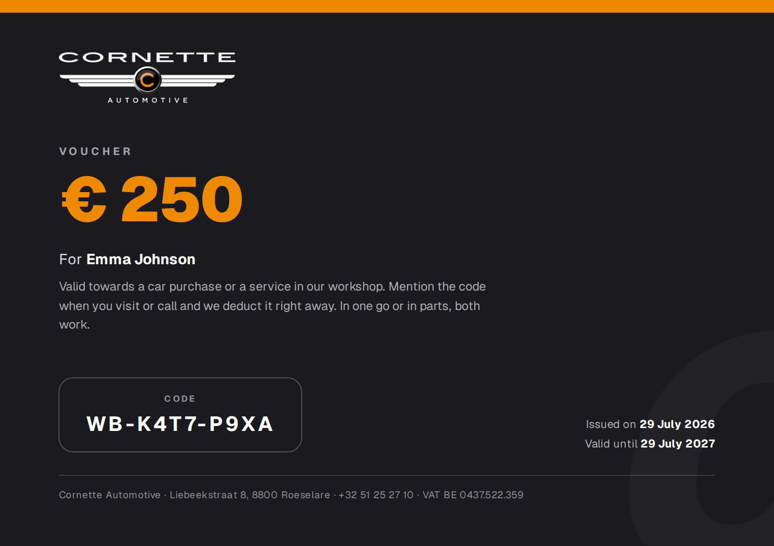 Example of a Cornette voucher