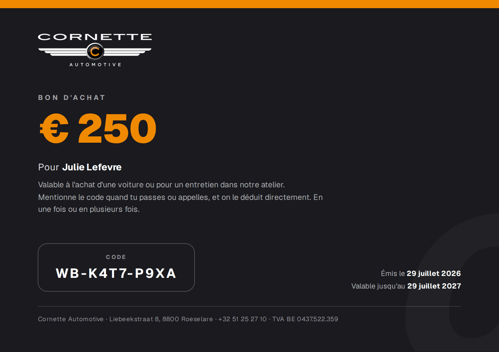 Exemple d'un bon d'achat Cornette